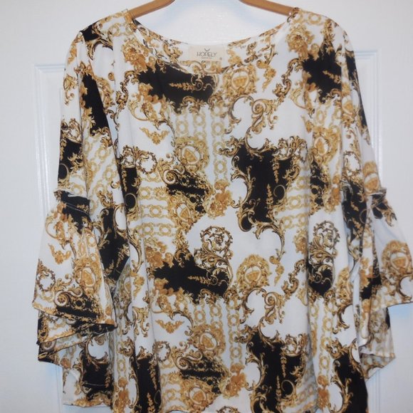 Blouse tunic relaxed top shirt Top 3/4 wide ruffled flared sleeve summer - Picture 8 of 10